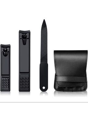 New-3pcs Nail Clippers Set With Nail File & Faux Leather Carry Case Black